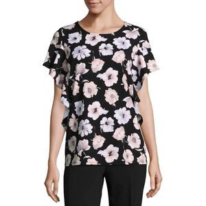 Worthington black ruffled top with pale pink flower design. New